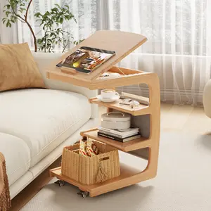 【Summer】Solid Wood Overbed Table with Wheels, Adjustable Bedside Table for Home, Mobile Side Table