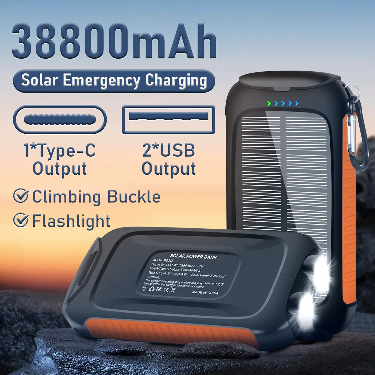 Solar Charger Power Bank, waterproof portable charger with USB-C fast charging, dual LED flashlights, solar panel, ideal for camping, hiking, travel a