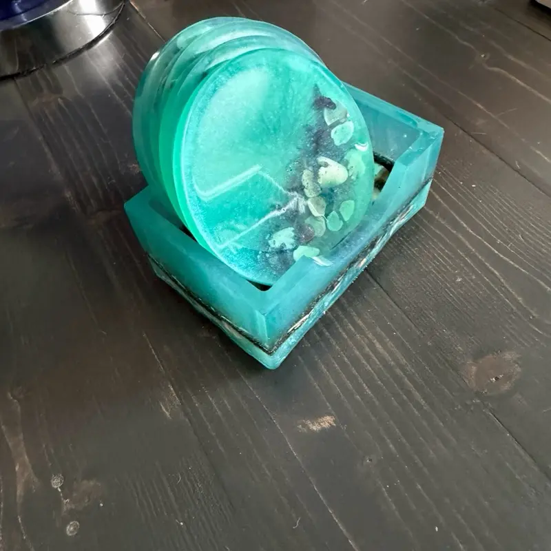 Handmade Ocean Wave Resin Coaster Set with Holder | Real Florida Seashells | Coastal Beach House Décor | 4 Coasters + Matching Stand