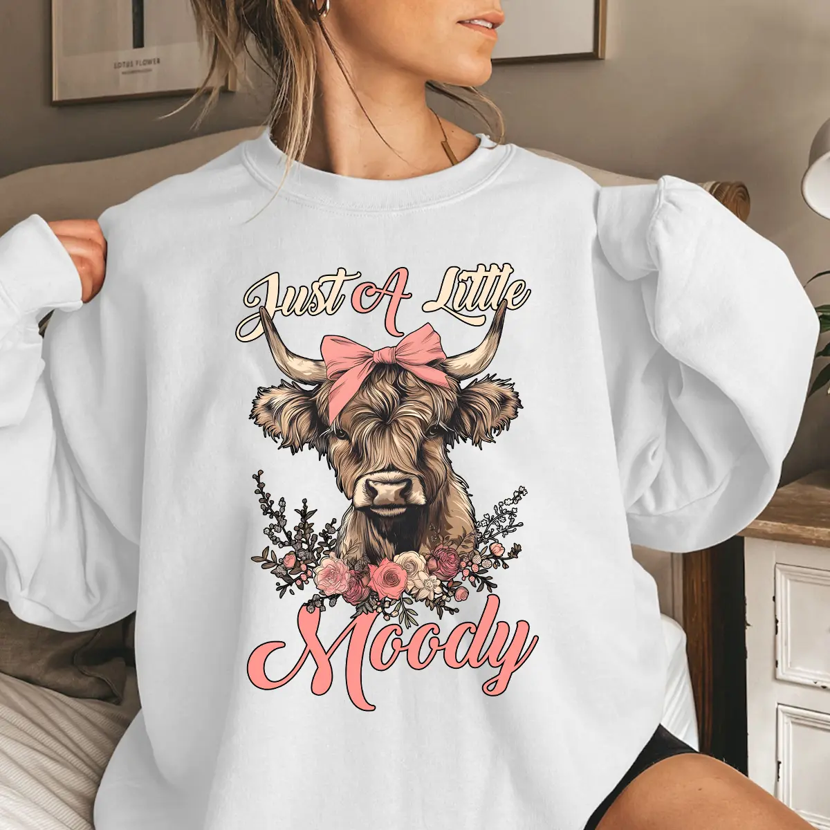 Highland Cow Just A Little Moody Sweatshirt Funny Plus Size Western Cowgirl Crewneck for Women, Vintage Graphic  Cute Cow Pullover