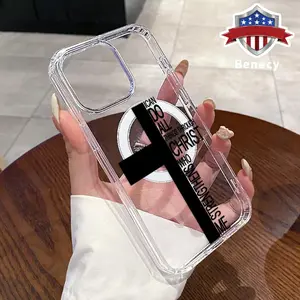 Trendy Letter Cross Pattern Magnetic Phone Case for iPhone 15 16 14 Pro Max 13 12 11 XR XS Plus E Non-Yellowing Clear Crystal Drop-proof Slim Silicone Shockproof Transparent Acrylic Large Hole Cover Supports Wireless Charging