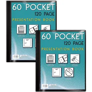 60 Pocket Bound Black Presentation Book with Clear View Front Cover, 120 Sheet Protector Pages, 8.5" x 11" Sheets, Art Portfolio, Durable Poly Covers, Letter Size, 2 Pack