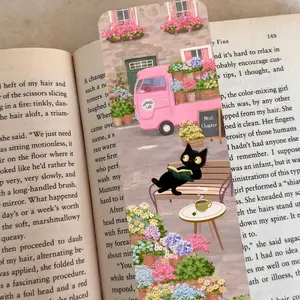 Pink Cat Cafe Bookmark | Cute Black Cat Bookmark for Book Lovers | Cozy Cat Bookmark | Floral Spring Bookmark | Cat Lover Gift | Bookish