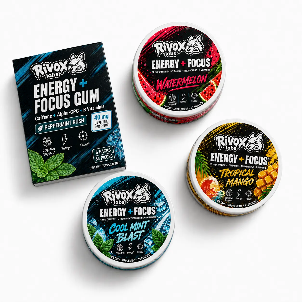 The Full Stack – Zero-Nicotine Focus Bundle | 3 Pouch Tins + Energy Gum, Caffeine + L-Theanine (No Crash)
