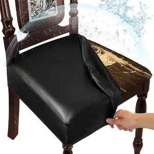 Waterproof Dining Chair Seat Covers Leather Kitchen Seat Covers, Stain Resistant Stretch Chair Seat Covers for Dining Room Chairs Set of 4, Rear Covered Washable Dining Chair Covers Black