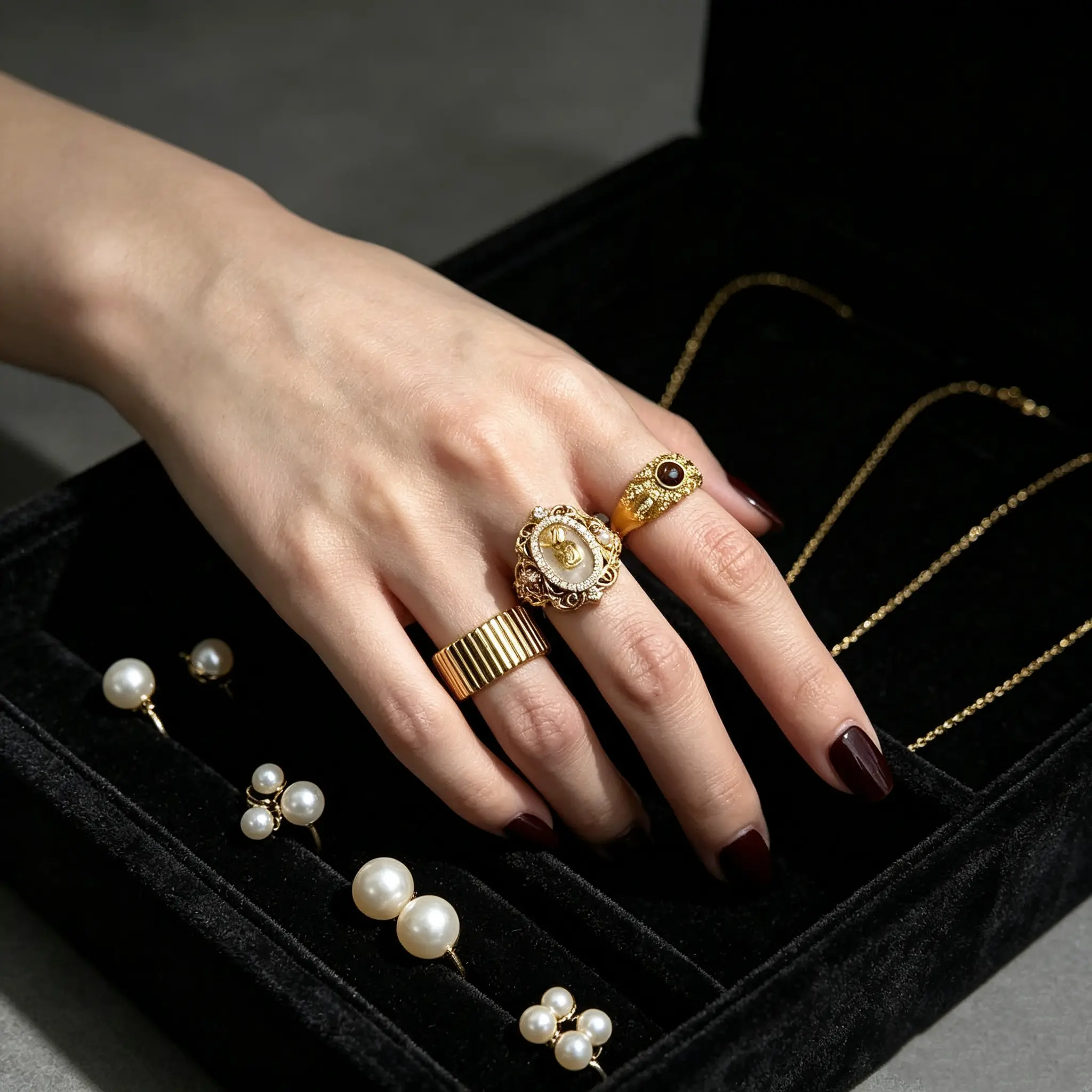 Vintage Victorian Cameo Stackable Ring Set, Gold Portrait Cameo, Tiger Eye Crystal & Vertical Groove Signet Rings, Retro Old Money Jewelry for Women
