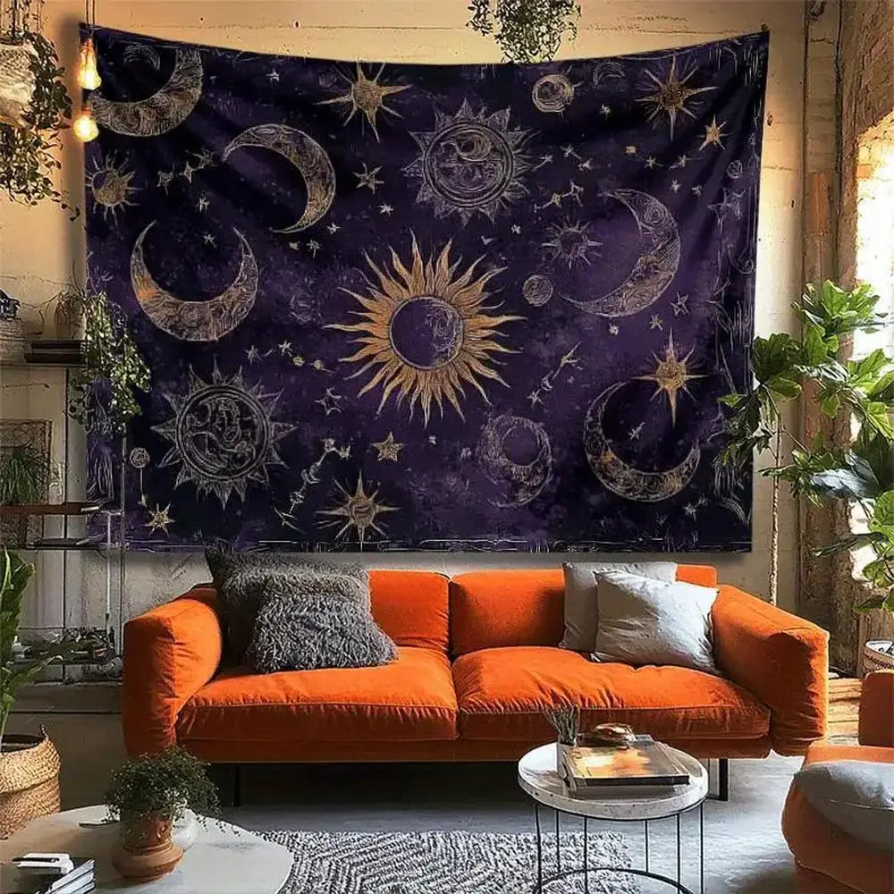 1PC Reusable Polyester 2D Flat Bohemian Sun-Moon-Star Tapestry - Retro Purple Astrology Wall Hanging, Whimsical Room Decor, Portable Festive Backdrops & Banners for Happy Birthday Photo Booth Celebrations, Outdoor Use