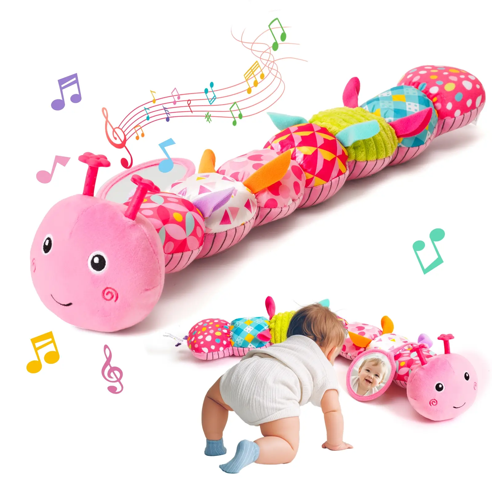 Baby Girls Toys 0-6 Month Music Animal Stuffed Caterpillar Toy for Infant 0-3 3-6 Months with Mirror Crinkle Rattle Tummy Time Sensory Toys for 3 4 5
