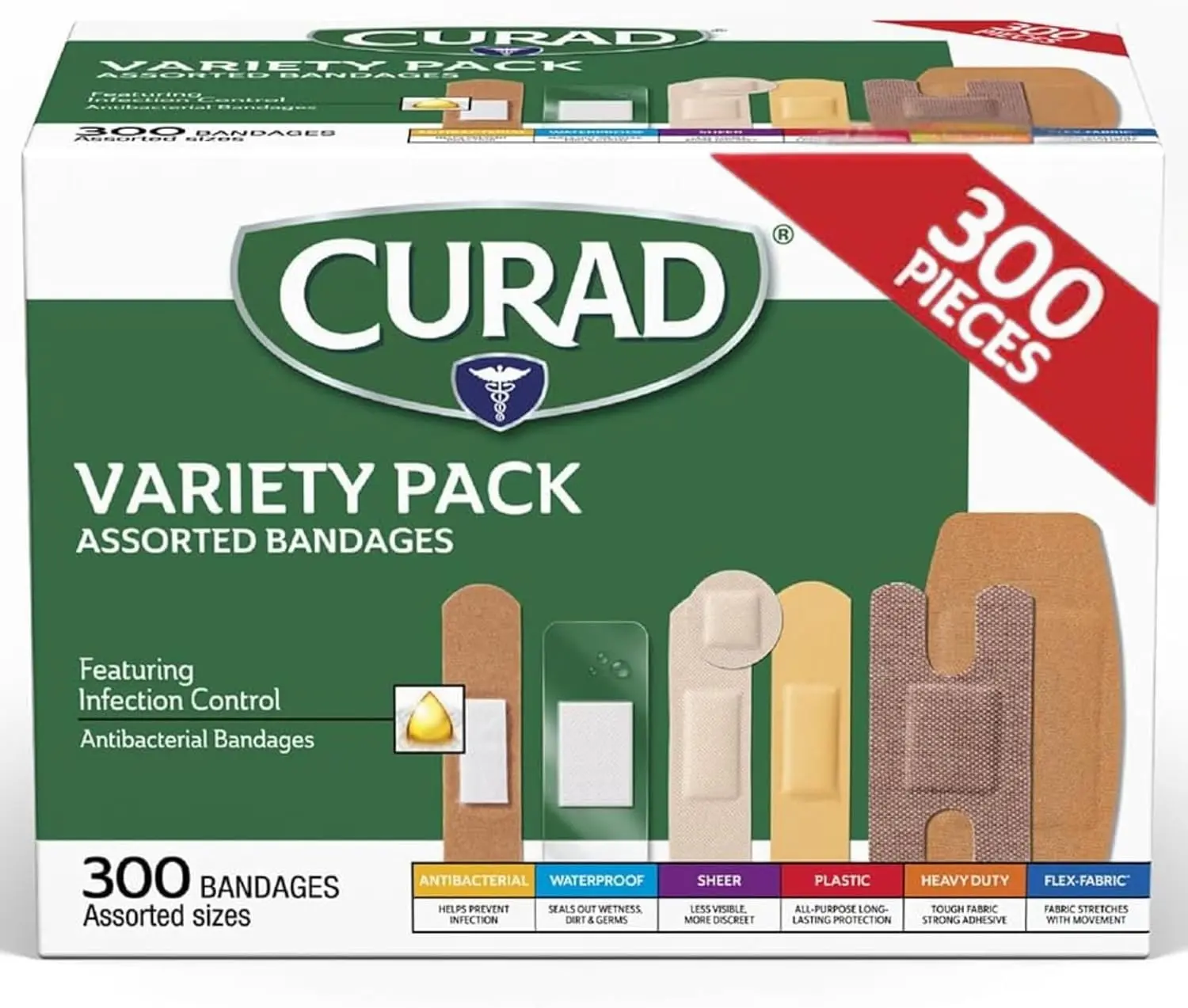 CURAD Assorted Bandages Variety Pack - 300 Count, 6 Styles (Antibacterial Waterproof, Sheer, Plastic, Heavy Duty, Flex-Fabric), 4-Sided Seal, Latex-Free Medical-Grade Adhesive Plasters for Adults’ Scrapes, Cuts, First Aid Kit Healthcare Accessories, Burns