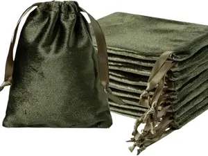 12pcs Moss Green Velvet Drawstring Bags  Glossy Small Velvet Cloth Gift Bags Jewelry Pouches