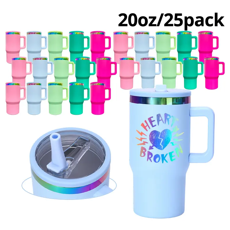 25pcs Rainbow Plated Macaron Tumbler Flasks - 20oz Solid Modern Stainless Steel Vacuum Insulated Drinkware, 5 colors mixed, Portable Leak-Proof Travel Mugs with Handle, Flip Straw, Laser Engraving for Hot/Cold Drinks