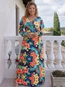 Plus Size Tropical Floral Leaf Print Wrap Maxi Casual Dress, Deep V Neck Long Sleeve, Side Slit Boho Vacation Dress, Fitted Style