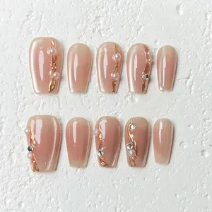 [Golden Elegance] Medium Coffin Handmade Press on Nails, Fake Nails with Nail tool kit with Jelly Stickers, Reusable, Durable