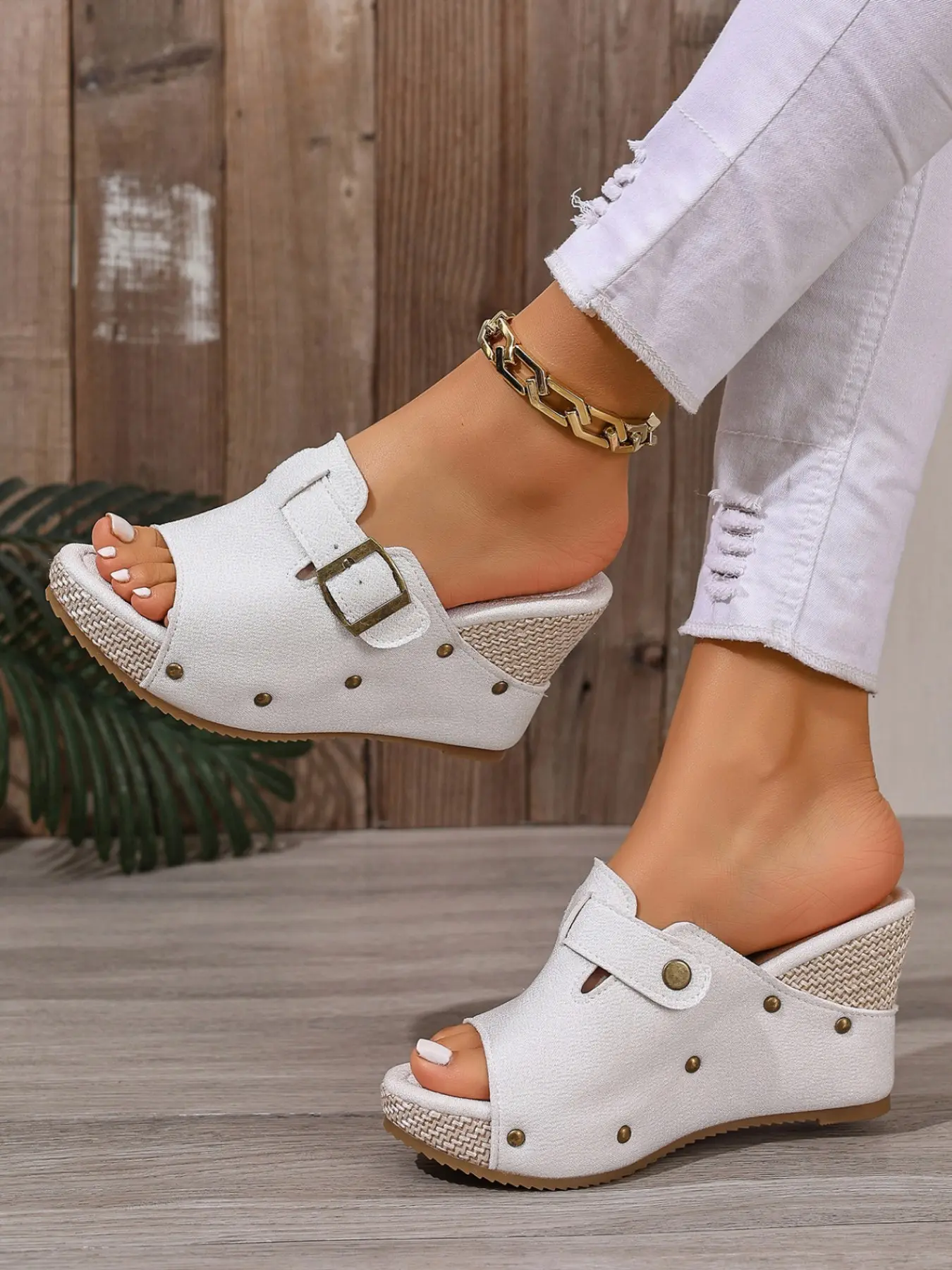 Women's Summer New Large Size Buckle Open Toe Platform High Wedge Heel Buckle Heeled Sandals, Fashionable Wedge Sandals, Slip-On Casual Outdoor Shoes, Thick Sole Heightening Fashion Beach Slippers