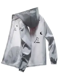 Men's Fashion Jacket with Cat Moon Print, Casual Hooded Design, Zip Pockets, Polyester Material, Spring & Fall Outerwear