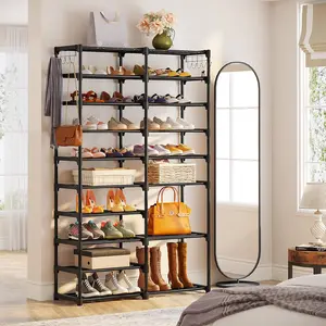 Shoe Rack Organizer, 36-44 Pairs Storage Shelf, 10 Tiers Stand, for Closet, Boot Organizer with 2 Hooks, Stackable Tower White