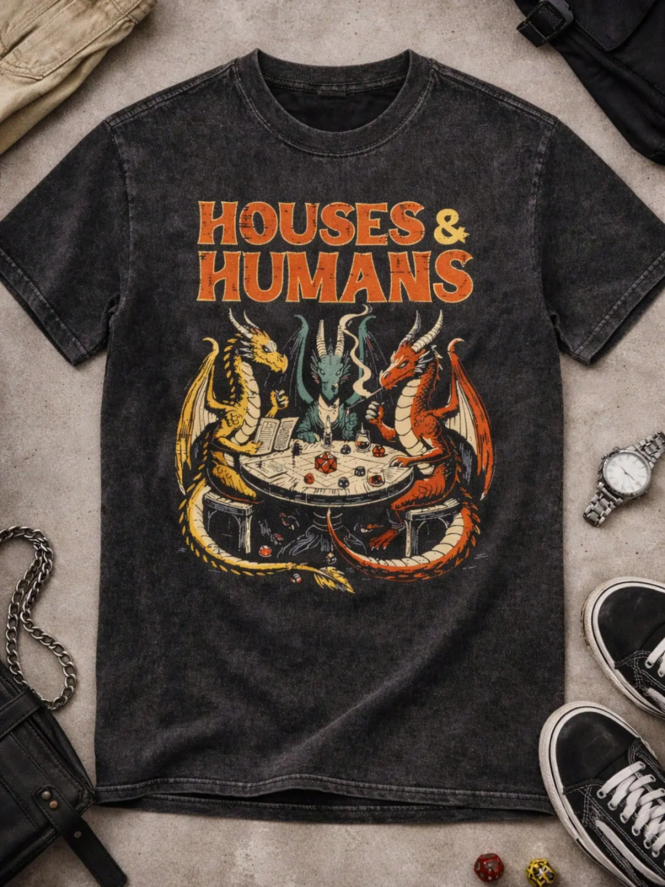 Men Short Sleeve T Shirt Crew Neck Fantasy RPG D20 Dice Dragon Battle Graphic Print Gamer Casual Game Night Gift Summer Top，Vintage Medieval Adventure Streetwear Shirt with Retro Distressed Finish, Heavyweight Cotton Casual Top for Gamers