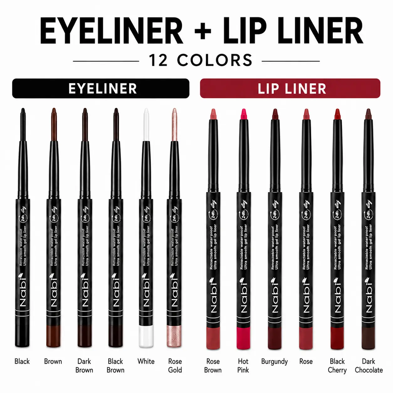 Nabi Retractable Waterproof Ultra-Smooth Gel Eyeliner & Lip Liner Set 5.5 inch– 6 Eye Colors + 6 Lip Colors