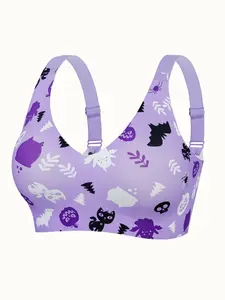Women's Halloween Fun Print Bra, Pumpkin Skull Design, Non-Removable Pads, Comfortable Wear, Perfect for Costume Parties