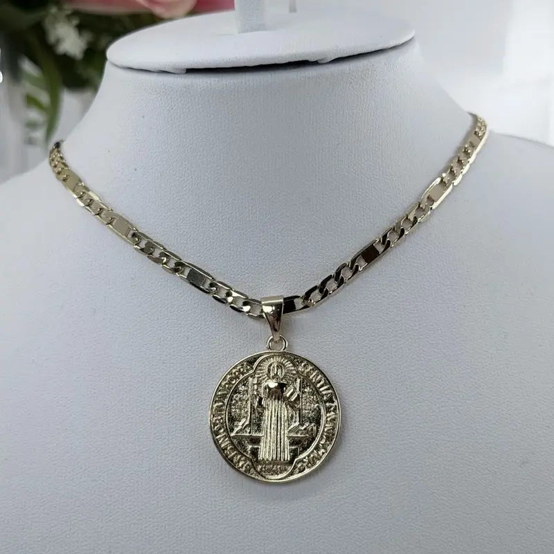 (4) 14K Gold Plated San Benito Pendant with Figaro Chain for Men and Women