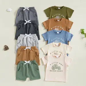 REDWOON Toddler Baby Boy Summer Clothes Set 6 12 18 24 Months 2T 3T 4T Tractor Letter Print Short Sleeve T-Shirt Elastic Waist Solid Shorts Outfit Sets