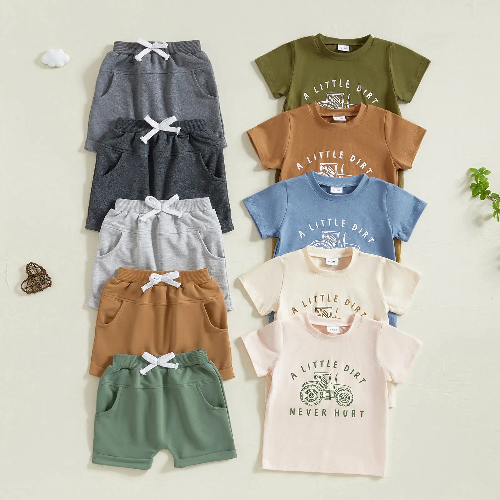 REDWOON Toddler Baby Boy Summer Clothes Set 6 12 18 24 Months 2T 3T 4T Tractor Letter Print Short Sleeve T-Shirt Elastic Waist Solid Shorts Outfit Set