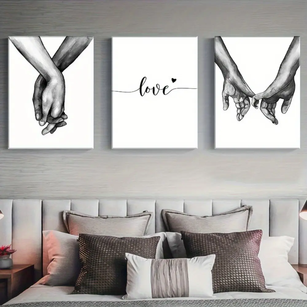Eco-Friendly 3-Pack Plain Canvas Posters, Black and White Minimalist Hand-in-Hand Love Theme Shadow Wall Art, UV Resistant Decorative Hangable Prints for Couple Bedroom, Exceptional Gift