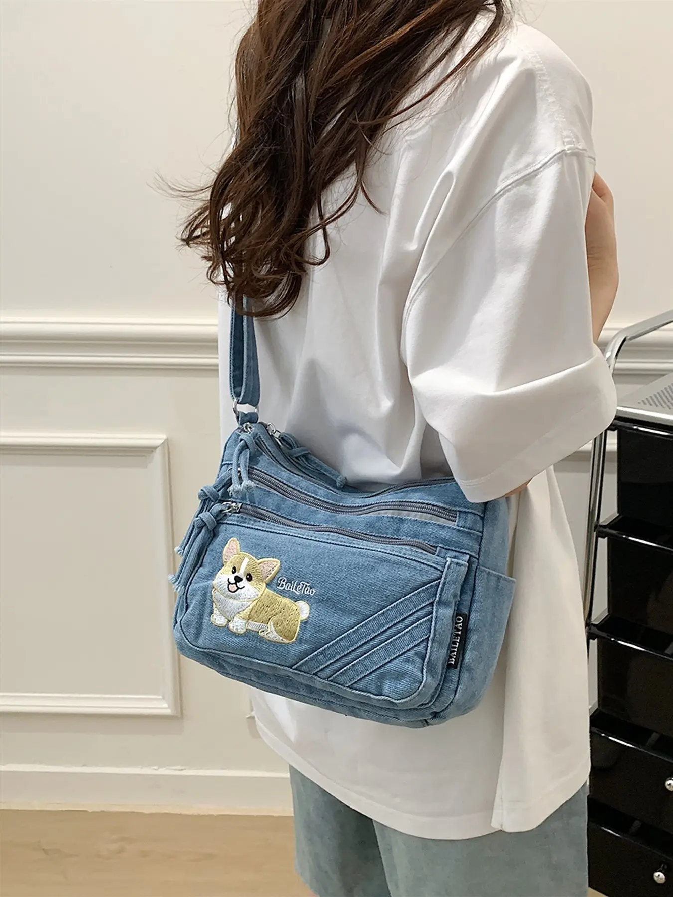New Korean Style Cute Corgi Embroidered Denim Crossbody Bag for Women, Vintage Washed Large Capacity Shoulder Bag, Multicolor Options