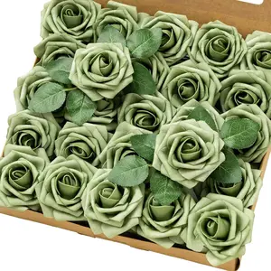 58pcs(50pcs Roses + 8pcs Leaves) Green Foam Roses with Stems - Artificial Rose Flowers for DIY Wedding Bouquets, Bridal Shower Centerpieces, Party Table Decorations Home Floral Decor, Flower Arrangement Perfect Decor for Christmas Thanksgiving