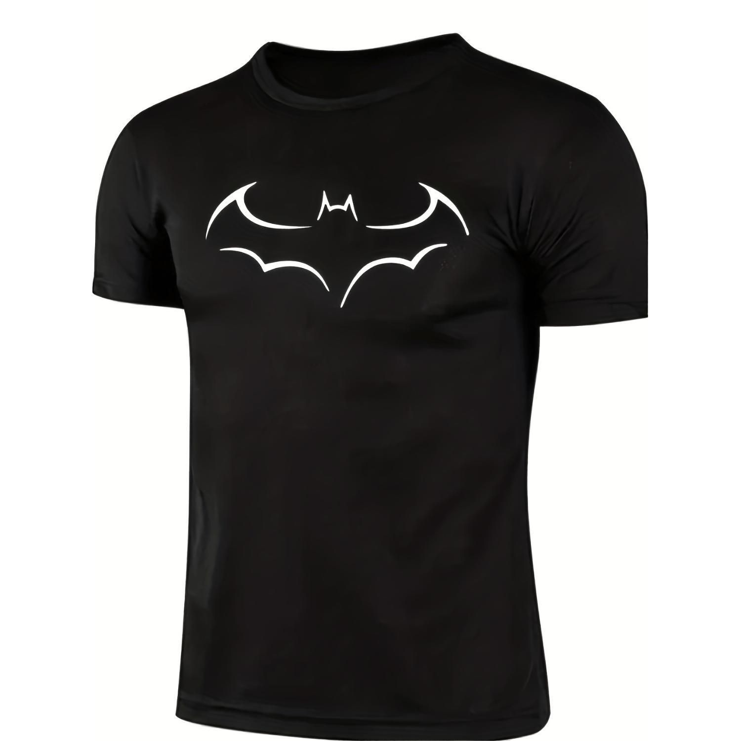 Stylish Large Size Mens Loose T Shirt with Bat Print Short Sleeve Casual Summer Top in Black