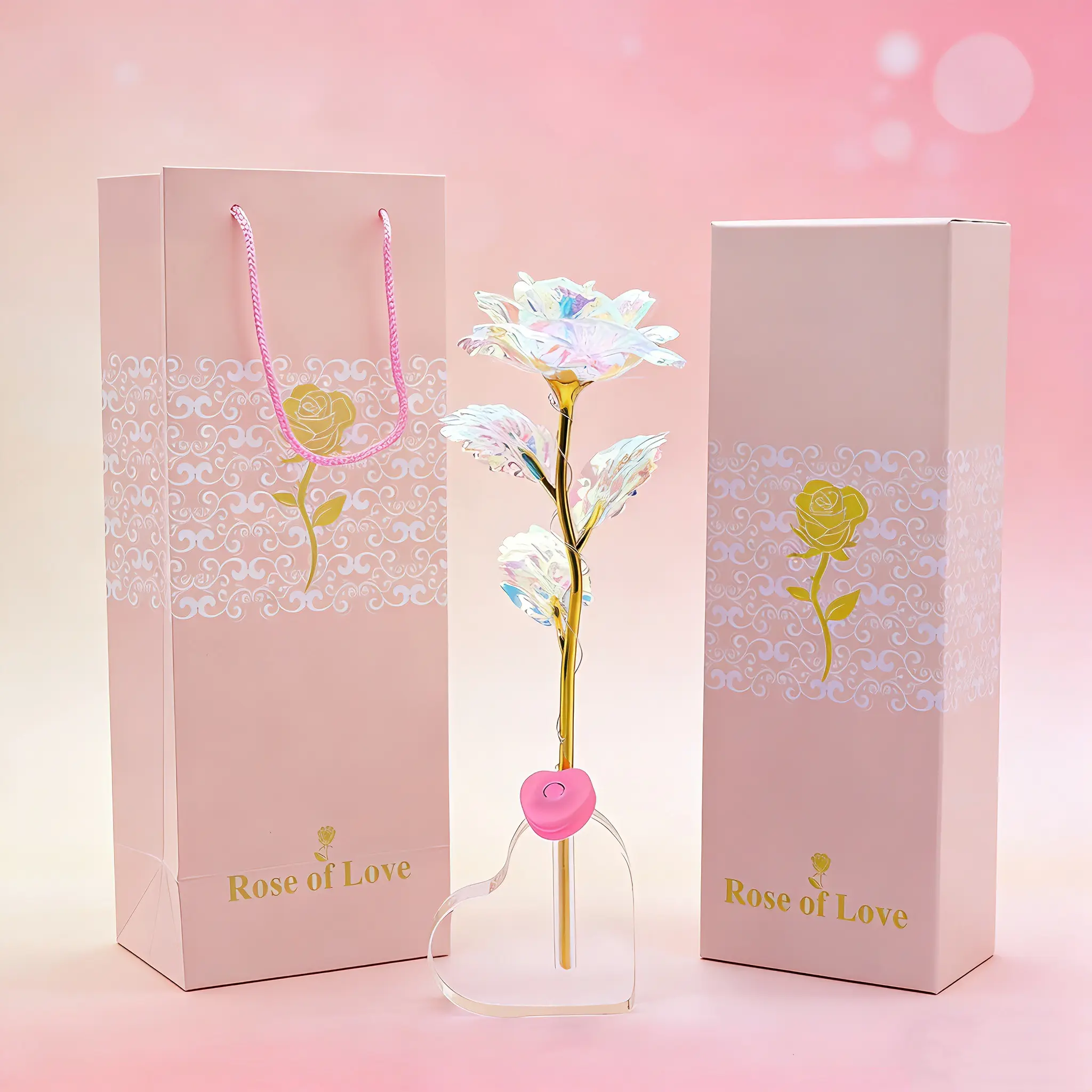 Mothers Day Gift, Artificial Gold-Plated Rose with Heart-Shaped Base, Galaxy Rose Flower, Perfect Gift for Women, Mother's Day, Anniversary Day, Valentine's Day Gifts
