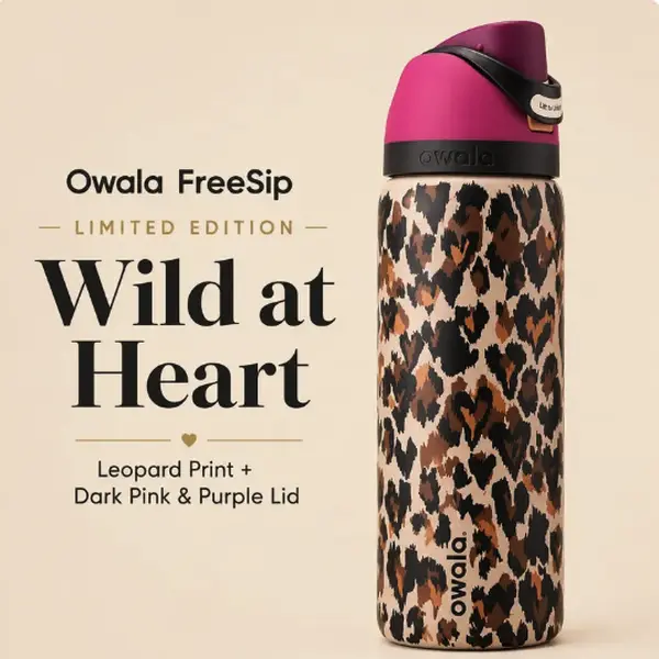 Owala FreeSip Limited Edition Wild at Heart Leopard Print Dark Pink & Purple Lid Water Bottle