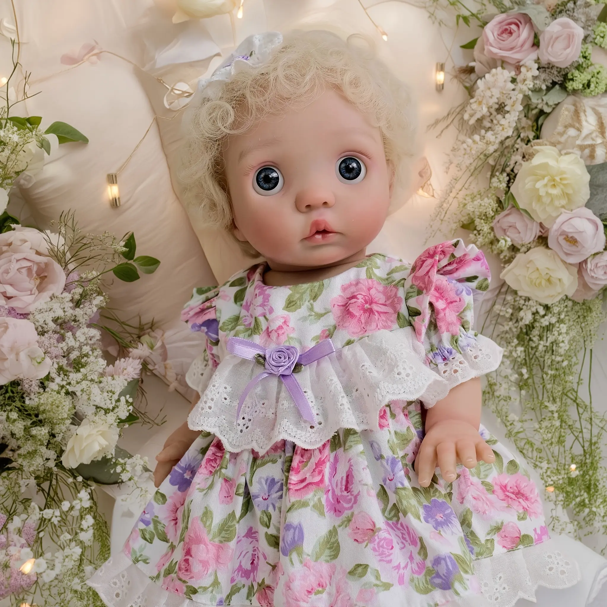 17 Inches Realistic Reborn Baby Doll with Blond Curling Hair Lifelike 3D Skin Visible Veins Collectible Newborn Full Vinyl Batheable Dolls Poseable Toy for Kids Ages 3+