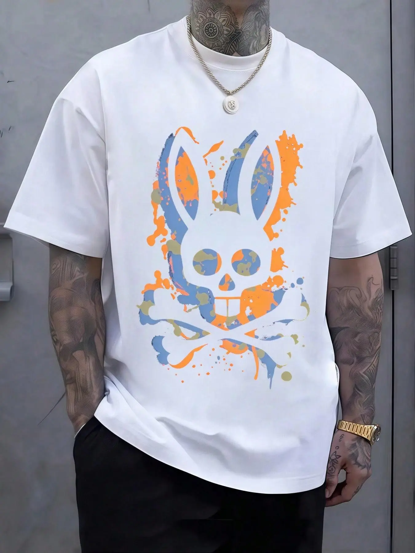 Skull Rabbit And Crossbones T Shirt For A Distinctive Look A Colorful Skull Rabbit Head Above Crossed Bones Cotton Fabric, Tshirt, Top, Shortsleeve