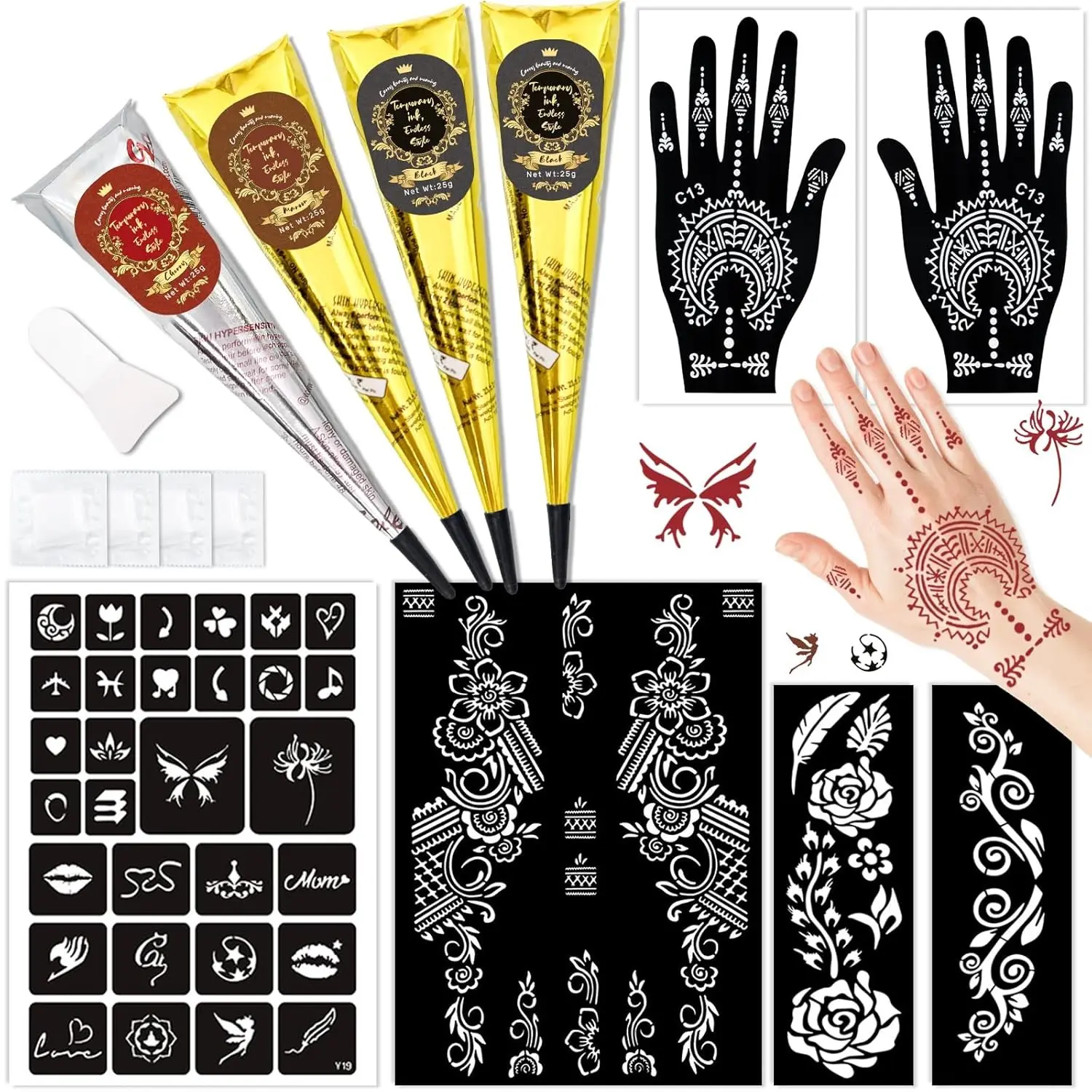 Temporary Tattoos Kit with 4 Pcs Inks (3 Colors) - DIY Body Art Skin Painting Set with Stencils, Gloves, Brush - Party Gifts for Women, Men & Kids