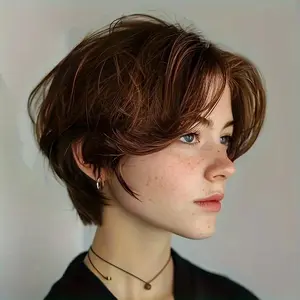 New 2025 Arrivals Incredible 6.0inch Human Hair Pixie Cut Wig for Women - Natural Mixed Colors 1B/27 Straight with Bangs & Layers, Machine-Made Remy Hair, Non-Lace Rose Net Cap, 150% Density, Suitable for All Ethnicities, Business Style, Easy to Wear