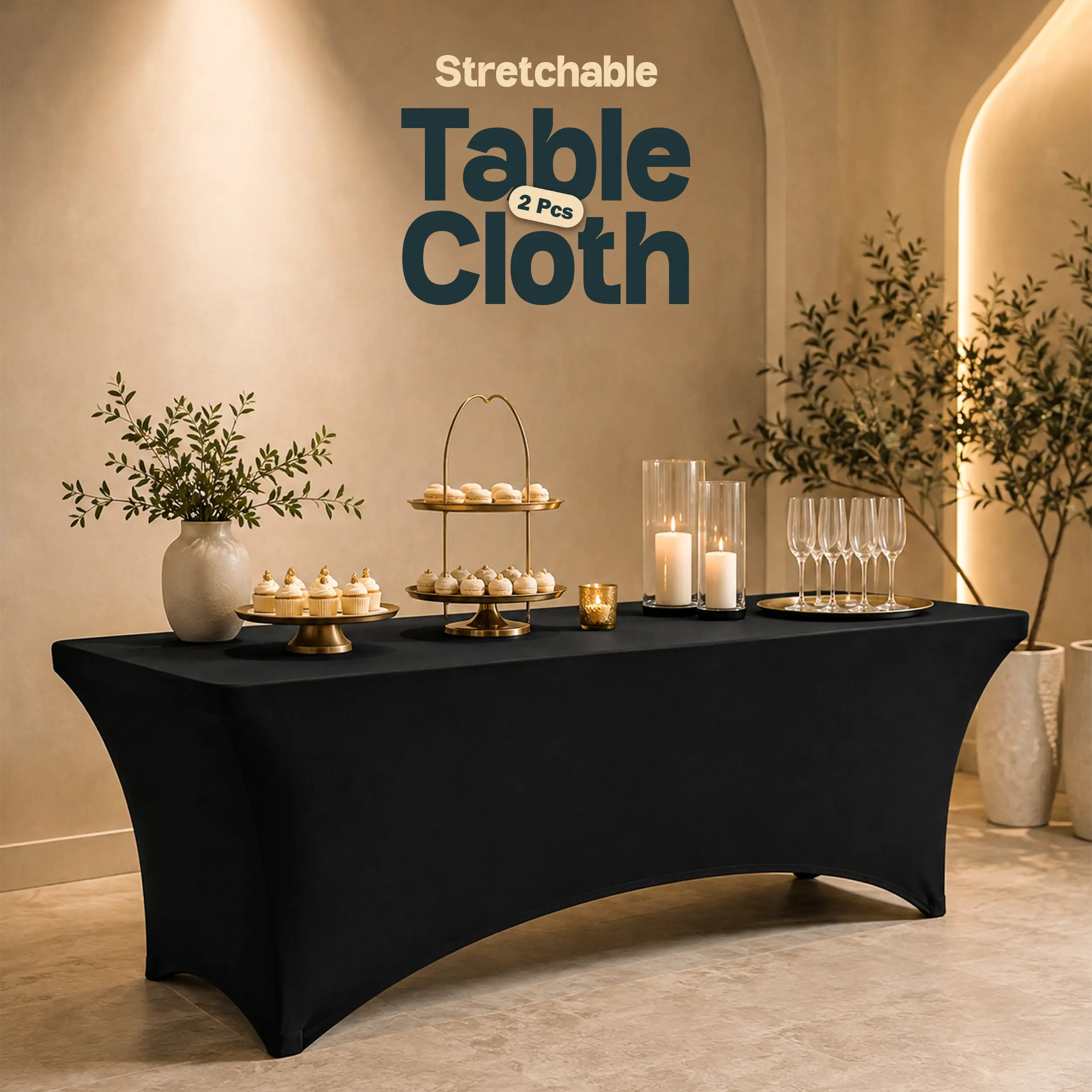 Kichly Modern Solid Rectangle Polyester-Spandex Stretch Fitted Tablecloth Set - Machine Washable, Wrinkle-Resistant Outdoor Table Cover for Events, Weddings, Wedding, Polyester And Spandex