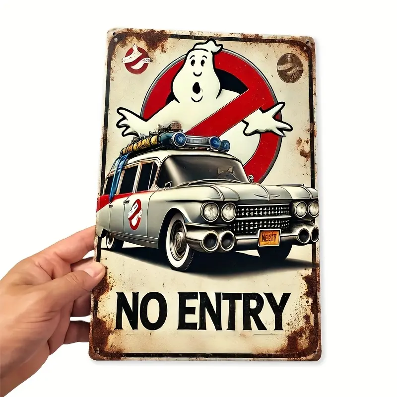 Metal Tin Signs  Retro Ghostbusters Metal Sign - "No Entry" Vintage Tin Wall Decor with Iconic Ecto-1 Firetruck Design, Rustic Iron Art for Home, Bar, Cafe, Garage, Farmhouse, Garage Decoration | Nostalgic Decor | Distressed Finish, Metal Wall Art Decor,