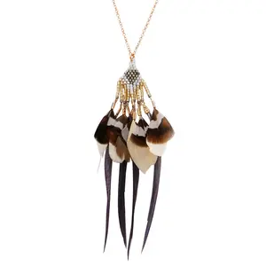 Rose Gold and Grey Beaded Feather Fringe Long Statement Necklace