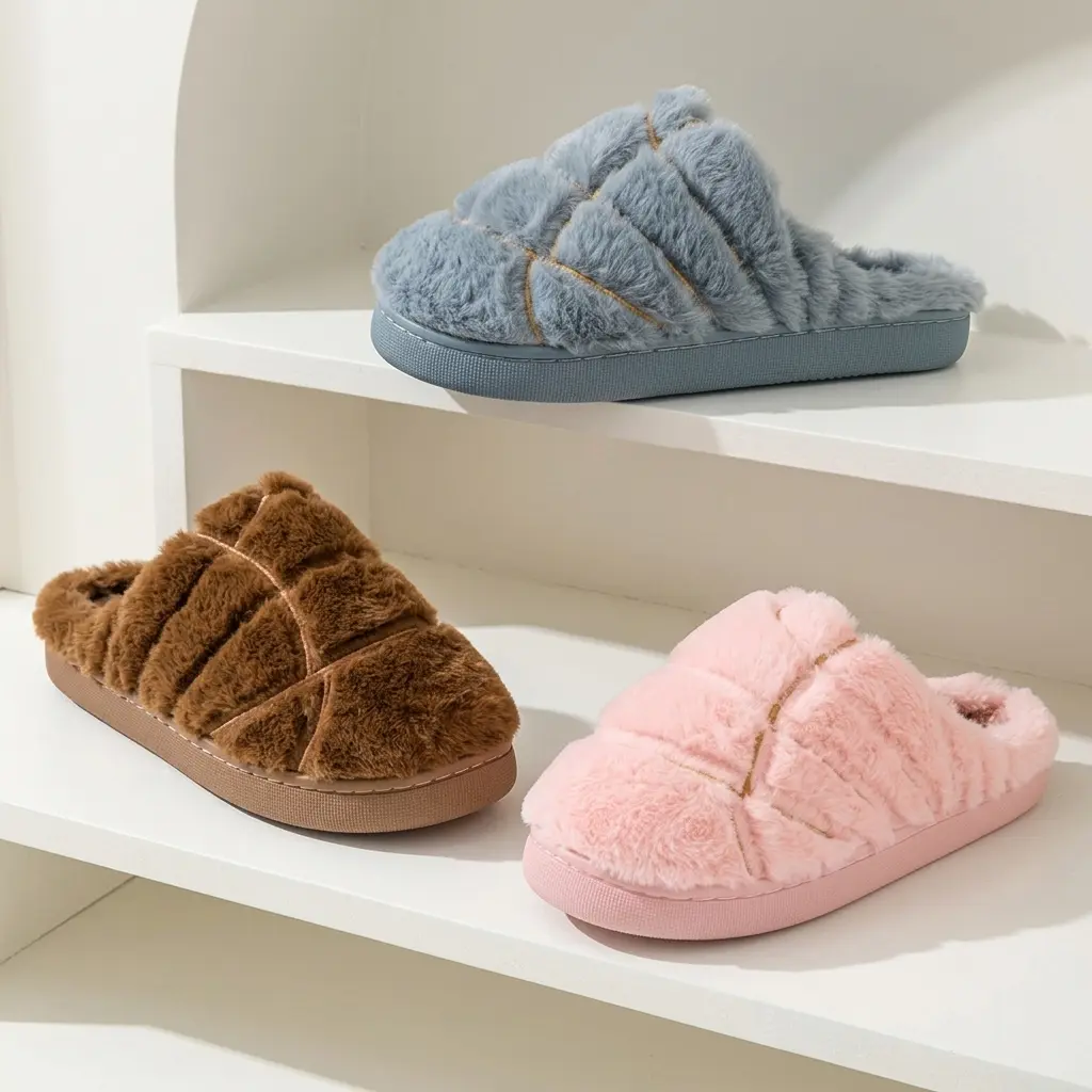 Women's Fuzzy Cross Band Slippers, Plush Polyester Open Toe Slides with Memory Foam, Non-Slip Indoor/Outdoor House Shoes, Slippers For Women, Fuzzy Texture, Plush Slides