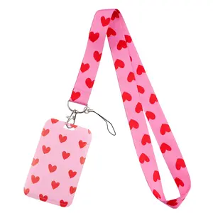 Pink Cute Heart Pattern Lanyard Keychain Wristlet Strap ID Credit Card Cover Pass Women Mobile Phone Charm Neck Straps Badge Holder Key Holder Accessories Heart Keychain Set