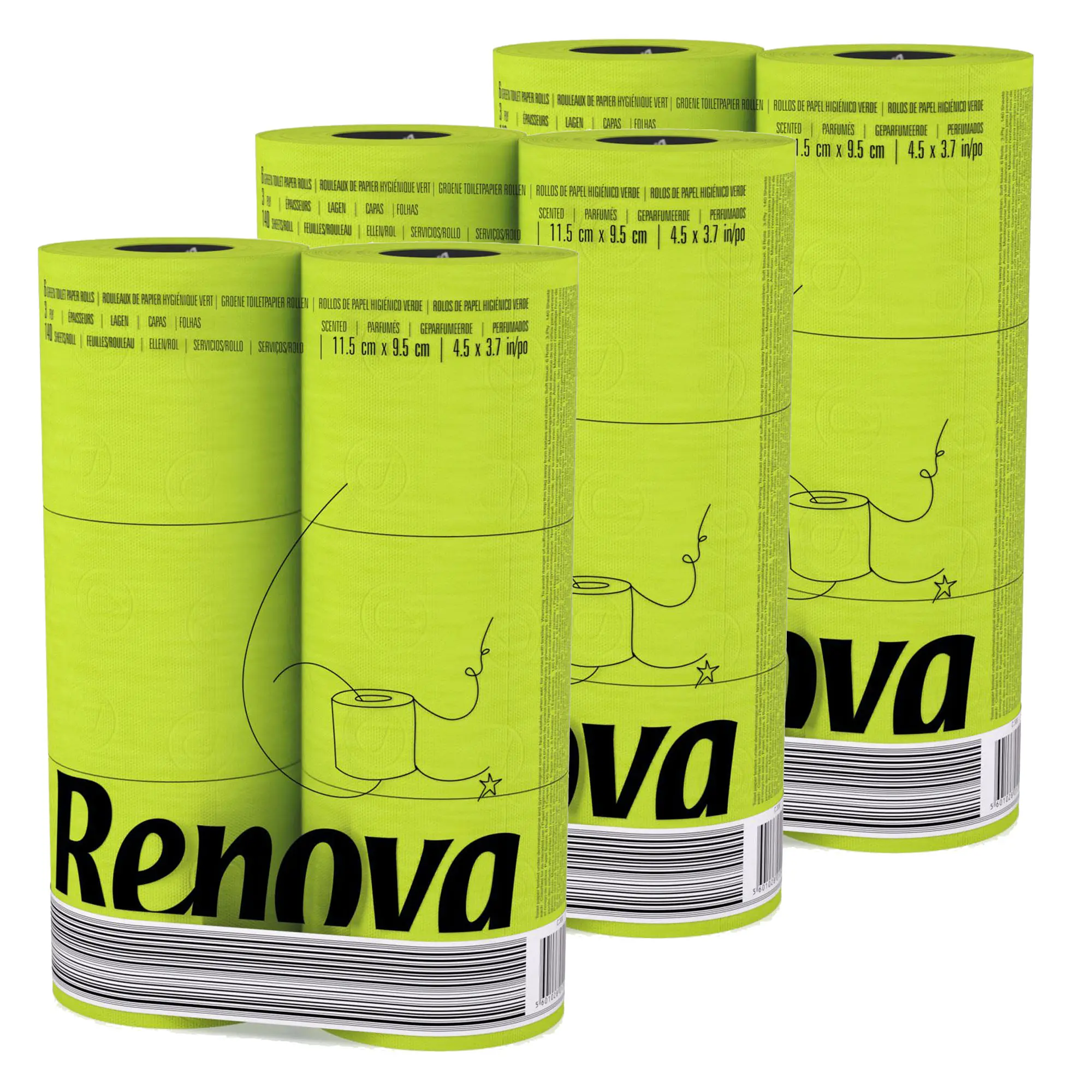 Renova 3-Pack, Lime Green Toilet Paper -Add Bathroom Fun With this Perfect Touch - Pack of 6 Compact Rolls- 140 Sheets - 3 Ply - Eco-label Certified - Septic System Safe - Sustainable & Soft