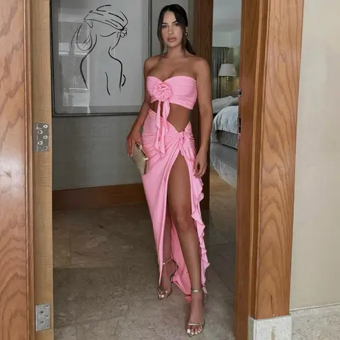 Women's 2-Piece Sleeveless Crop Top & Skirt Set - Halter Neck, Side High-Split Solid Skirt with Appliques, Ruffles & Piping, 83% Polyester 17% Elastane Blend, Summer Party Club Outfit