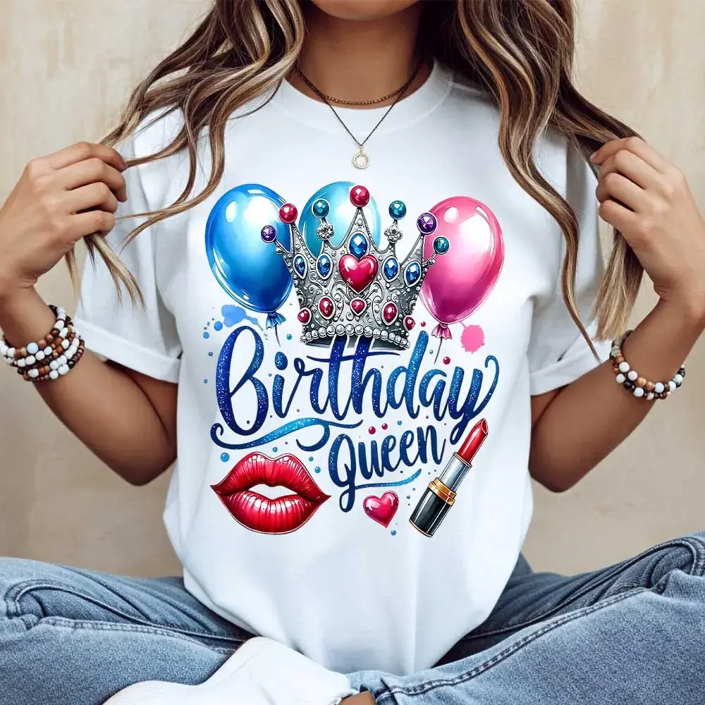 Men's Funny Printed Cotton T-Shirt, Casual Fit Short-Sleeve Tee with Birthday Queen Crown, Balloons, Lips & Lipstick Designs for Birthday Celebration Party Wear, Top