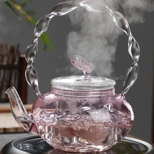 Pink Butterfly Twist Handle Glass Teapot, High Temperature Resistant Borosilicate Stovetop Safe Kettle for Electric Ceramic Stove, Aesthetic Fairy Flower Tea Brewing Pot for Home Daily Use & Gift