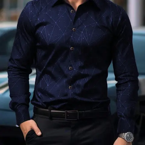 Men's Vintage Geometric Print Fitted Casual Buttons Collared Long Sleeve Shirt, Classic Casual Fashion Top for Daily Wear & Special Occasions, Perfect Gift Idea, Casual Stylish, Menswear, Geometry Shirt