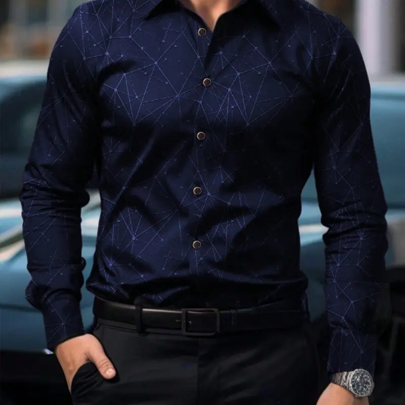 Men's Vintage Geometric Print Fitted Casual Buttons Collared Long Sleeve Shirt, Classic Casual Fashion Top for Daily Wear & Special Occasions, Perfect Gift Idea, Casual Stylish, Menswear, Geometry Shirt