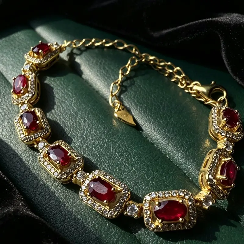 <PingEast jewelry > HBSSL05--925 Sterling Silver Gold-Plated Bracelet with 8 Natural 3×4mm Burmese Rubies, Framed in Rectangular Settings, 16cm + 5cm Extension, with Certificate