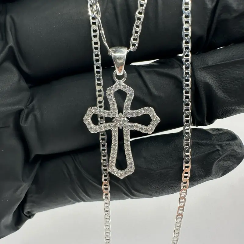 925 Sterling Silver Cross Necklace for Women | 20” Italian Mariner Chain | Mexican & Italian Silver