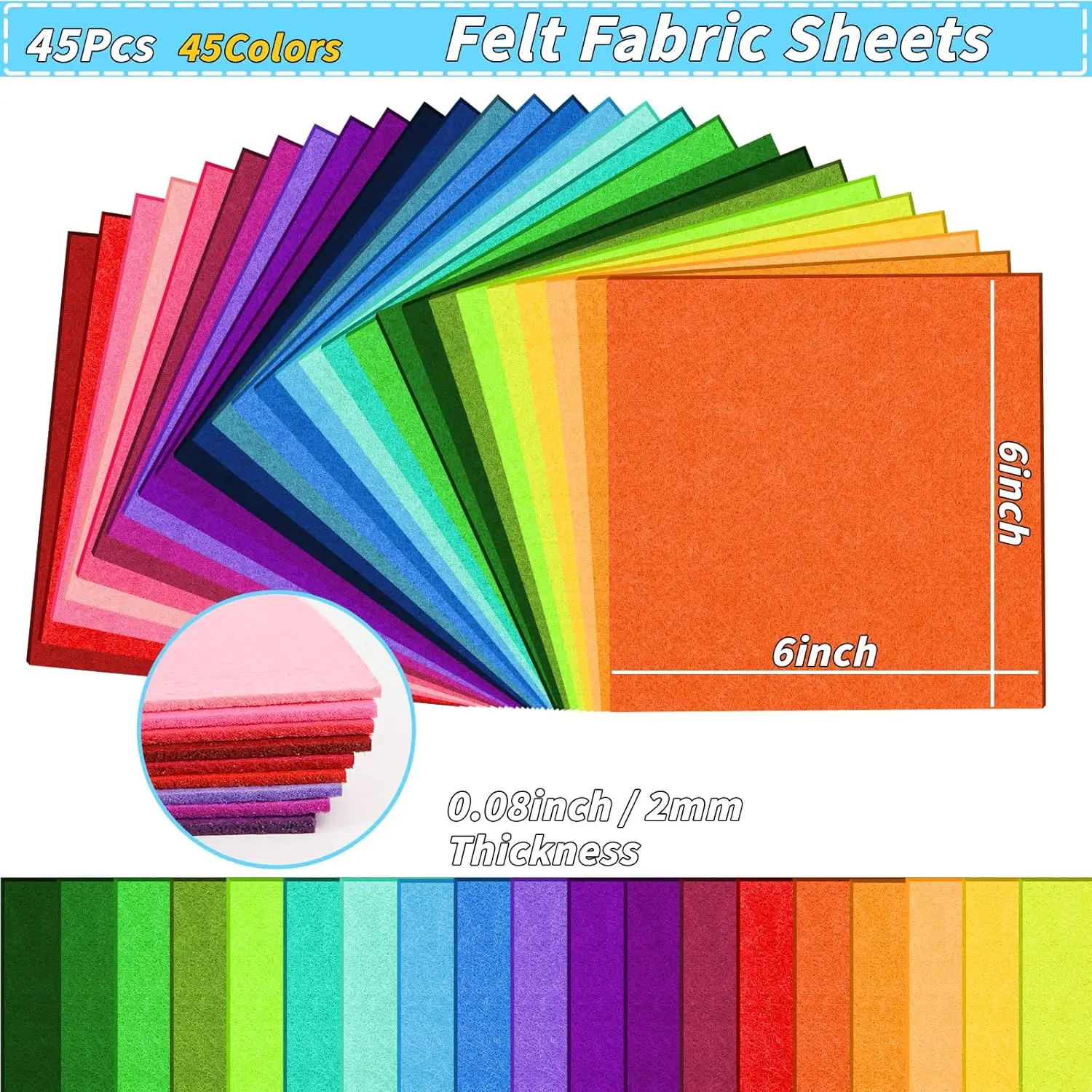45 Pcs Felt Fabric Sheets for Craft, 6"x6" Assorted Colors Non Woven Felt Sheets, 2mm Thick Felt Fabric Square for DIY Sewing Crafts, Patchwork, School Projects, Decoration